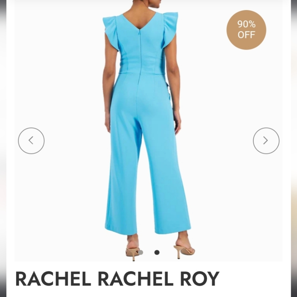 Rachel Rachel Roy Elegant Aqua Blue Jumpsuit with Flutter Sleeves and V-Neck L - Picture 2 of 7